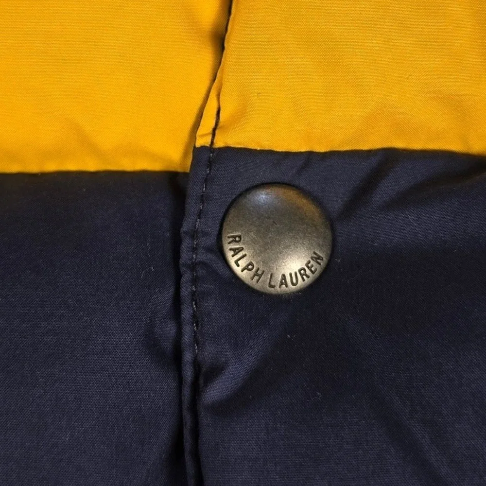 Vtg Polo Ralph Lauren Youth Navy Yellow Rugby Stripe Puffer Vest Big Logo Size 7
